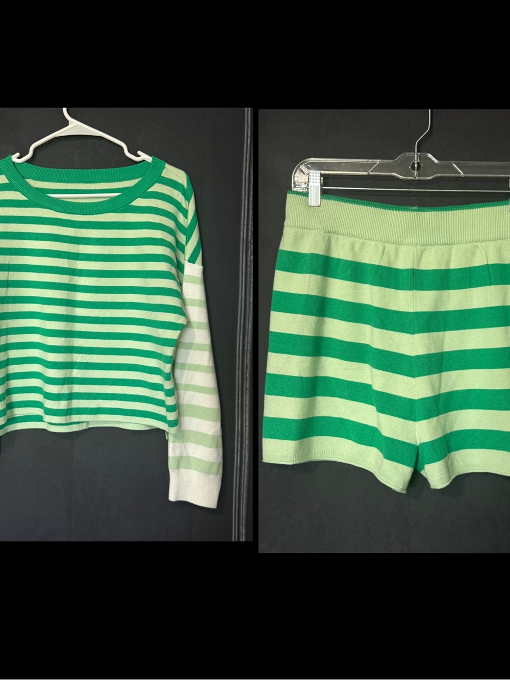 Green Striped Knit Crop Top & Shorts Set